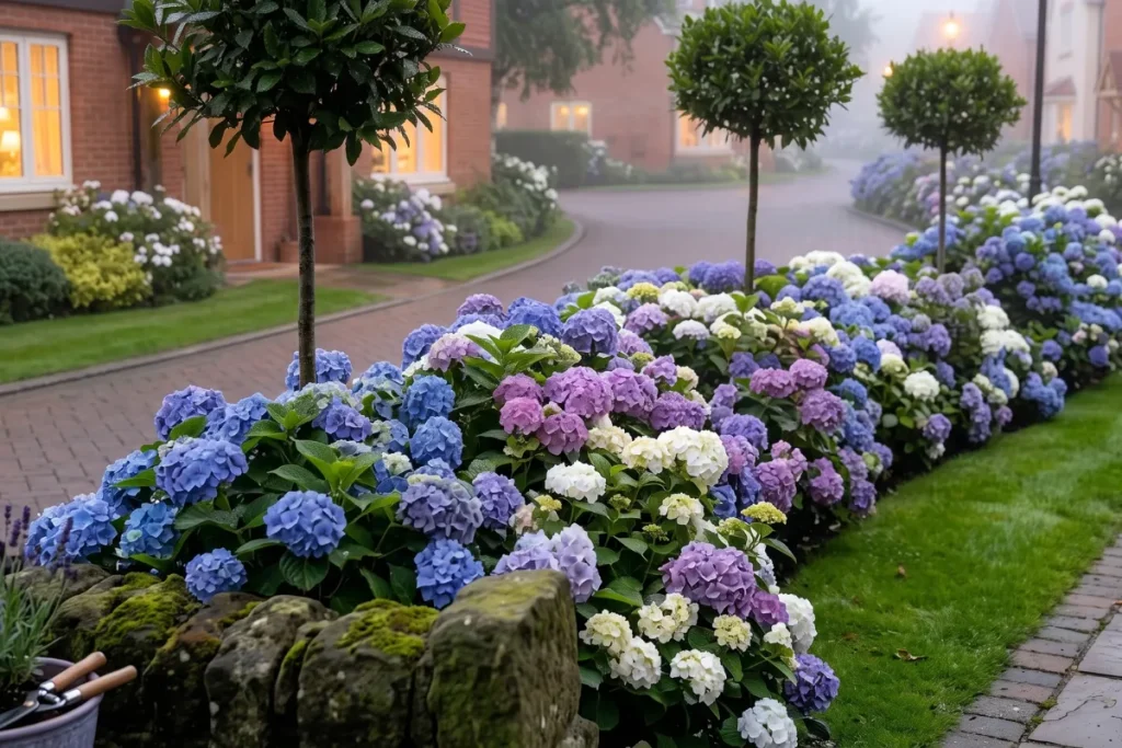Blue hydrangeas and standard topiary trees.