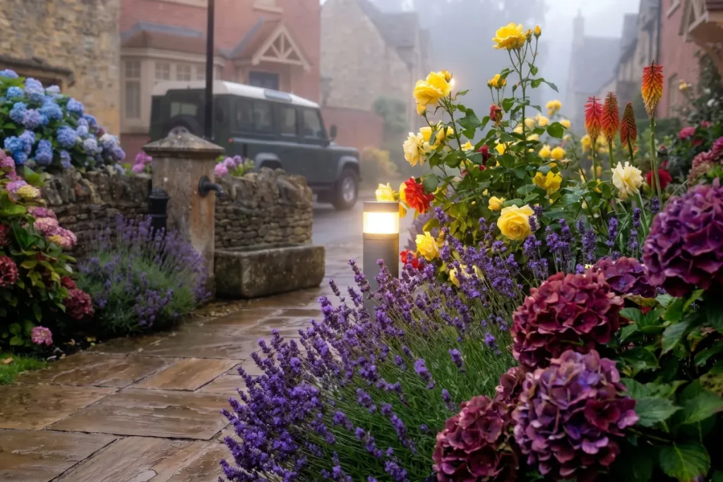 A close-up of a lush front garden border along a damp sandstone flagstone walkway in an English village. In the foreground, vibrant purple English lavender, deep burgundy hydrangeas, yellow roses, and orange hot pokers bloom. A modern cylindrical bollard light glows softly next to the plants, with a classic green 4x4 parked in the misty background.