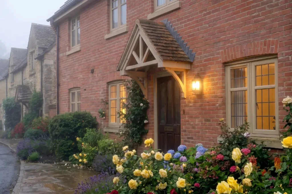 A close-up of a charming red brick house facade in an English village. The entryway features a wooden front door sheltered by a gabled timber porch canopy and an illuminated wall lantern. Small-pane windows and a vibrant garden with yellow roses and blue hydrangeas line the damp walkway in the misty morning.