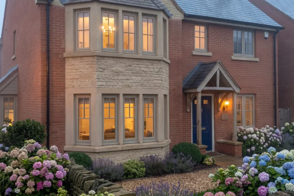 Exterior view of a contemporary British-style brick house featuring a stone bay window design, warm exterior lighting, and landscaped garden with hydrangeas.