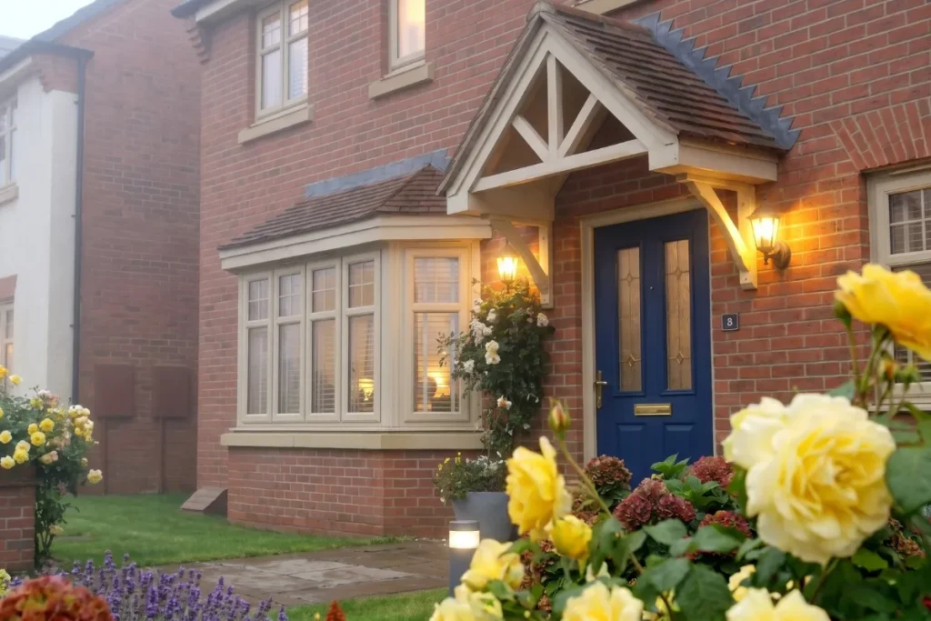 A warm red brick house facade featuring a prominent gabled timber entrance canopy over a deep blue front door, flanked by glowing carriage-style wall lanterns next to a large ground-floor bay window on a misty morning.
