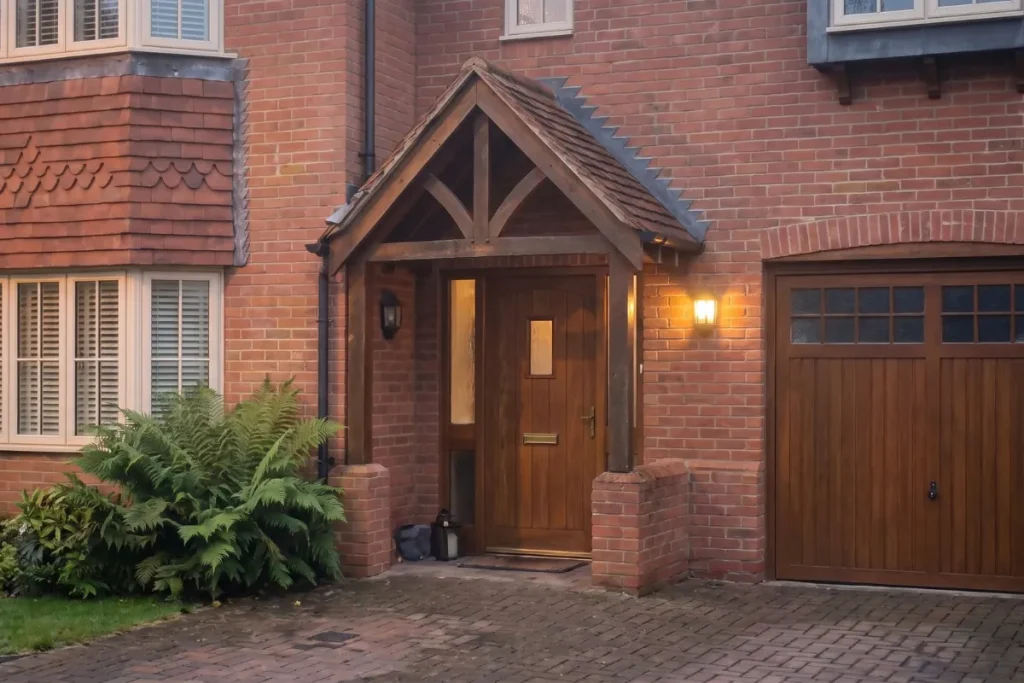Close-up of a timber entrance porch with a gabled roof and a wooden front door on a red brick house exterior, next to a matching timber garage door.