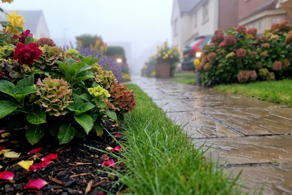 A neatly edged ribbon of vivid green lawn separating a wet flagstone pathway from lush hydrangea beds and fallen rose petals on a misty morning.