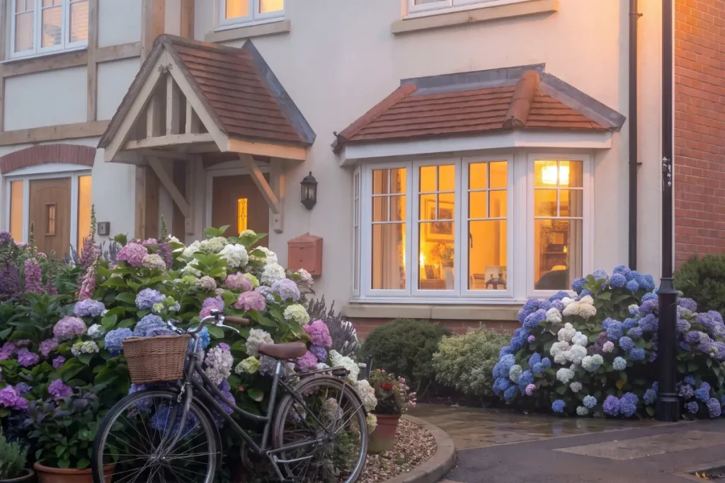 A large ground-floor bay window with warm interior light shining through, framing a vibrant pink and blue hydrangea garden with a vintage bicycle parked in front.