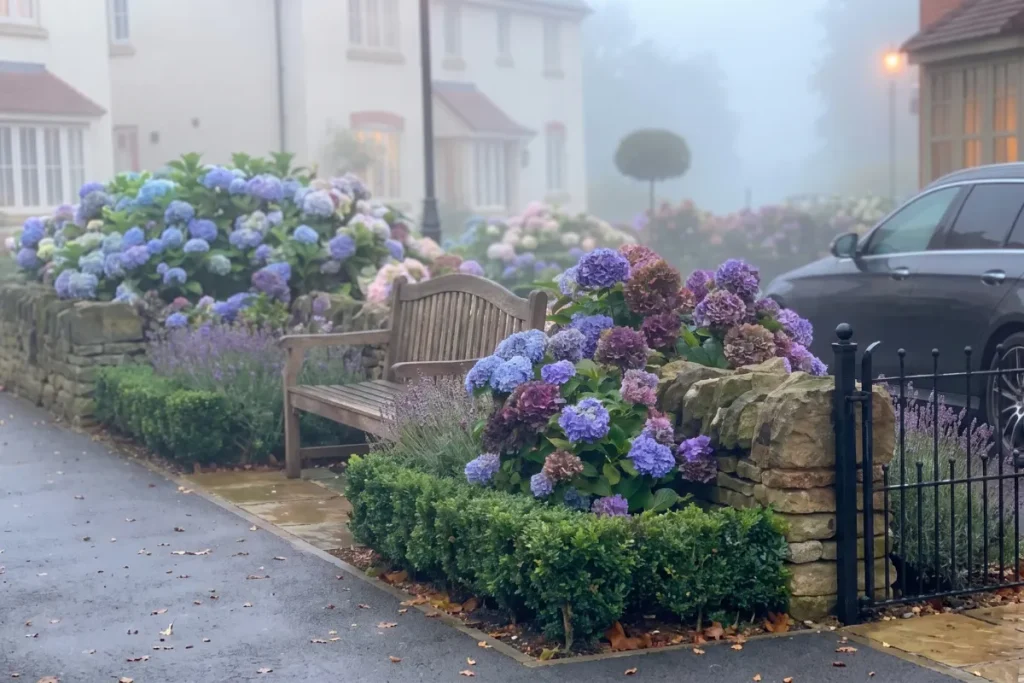 A wooden garden bench nestled between blooming blue and purple hydrangea bushes along a stone wall on a foggy morning in an English village.
