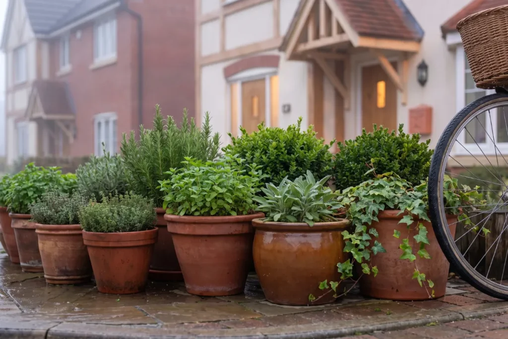 A close-up collection of terracotta and glazed clay pots filled with fresh herbs like rosemary and mint, arranged on a stone driveway edge next to a vintage bicycle wheel with a house entrance in the background.