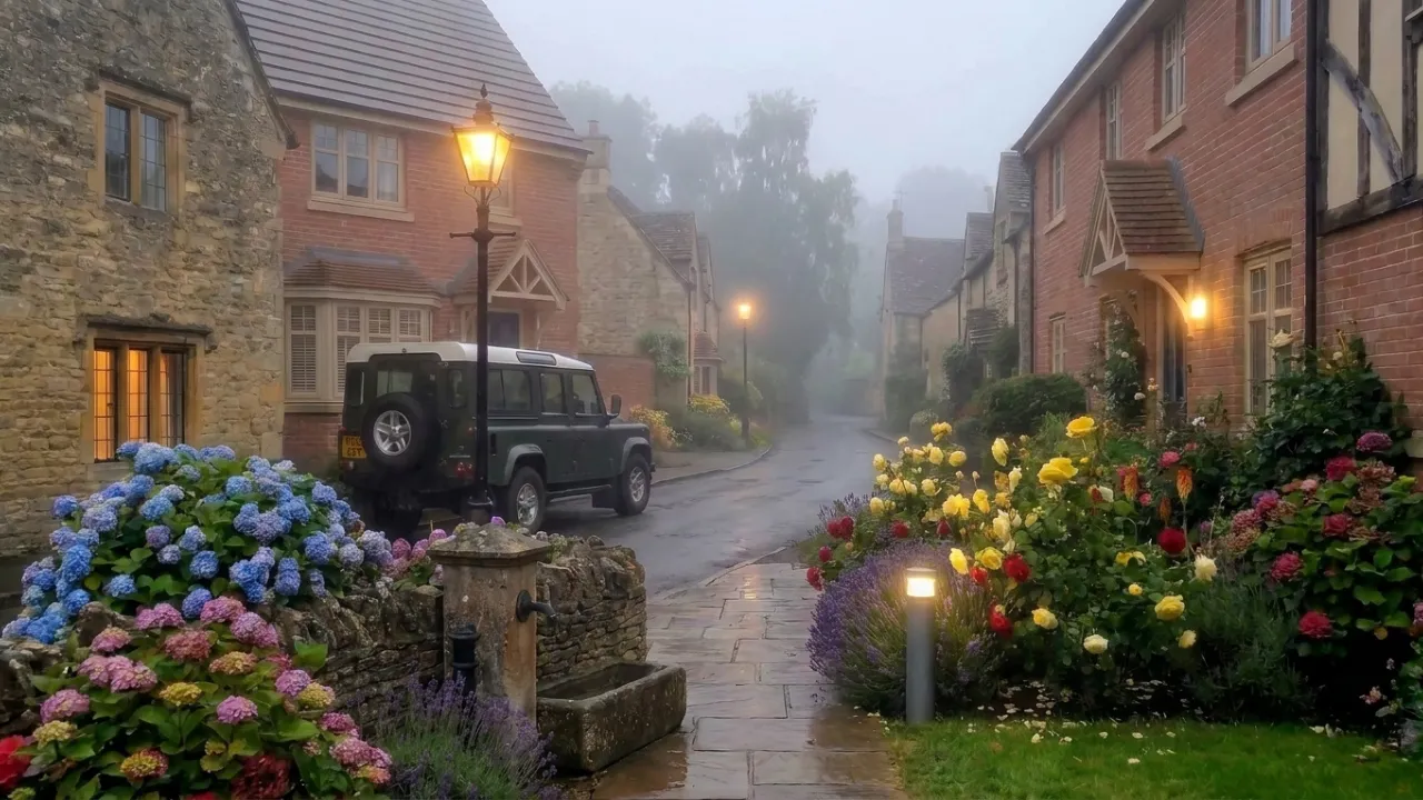 A charming English village street on a misty morning. On the left, a Cotswold stone cottage and a parked green 4x4 vehicle. On the right, red brick houses with vibrant yellow and crimson rose bushes and purple lavender bordering the damp sandstone flagstone walkway. A traditional glowing street lamp illuminates the lane.