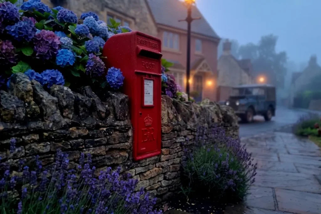 A classic red British royal mail post box built into a rustic dry-stone wall at dusk, flanked by blue hydrangeas and lavender.