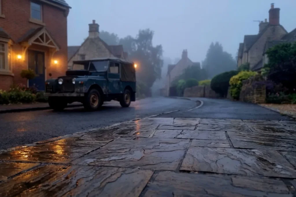 Low-angle view of wet flagstone pavement and a curved village lane with a vintage utility vehicle parked in the evening mist.