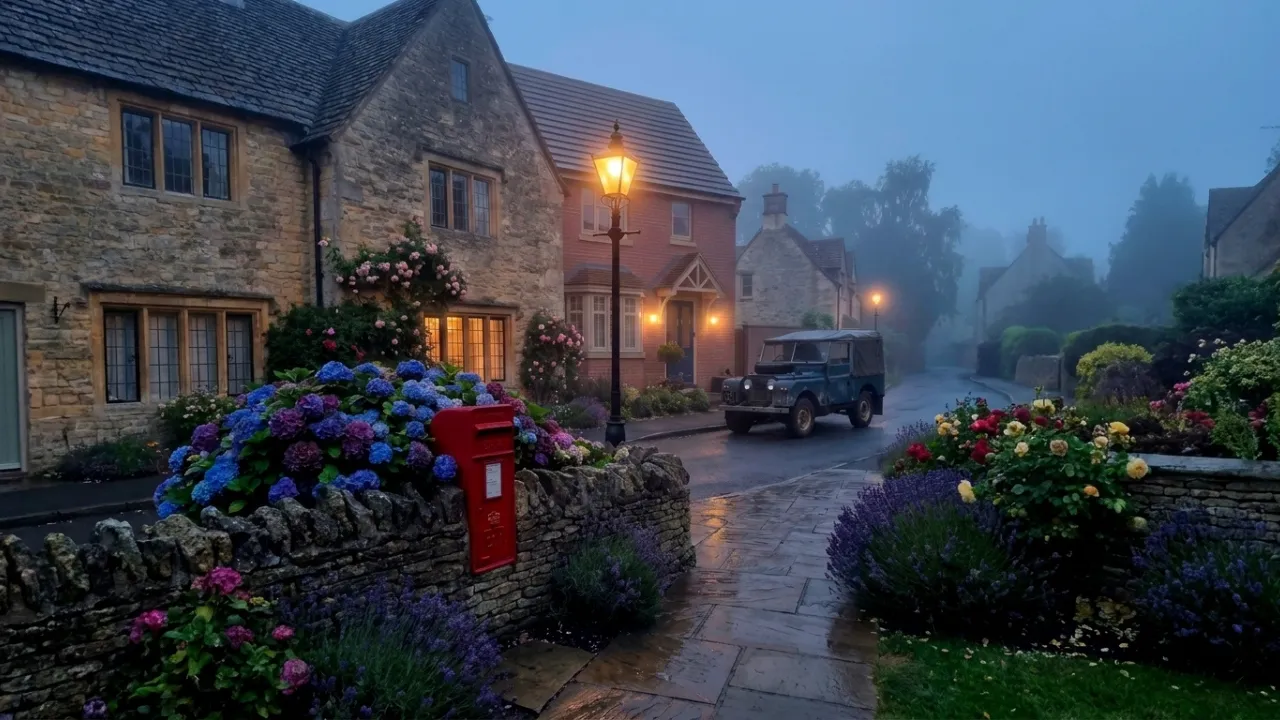 English village street at dusk with honey stone cottages, a glowing post lantern, vibrant hydrangeas, and a red pillar post box in a dry-stone wall.