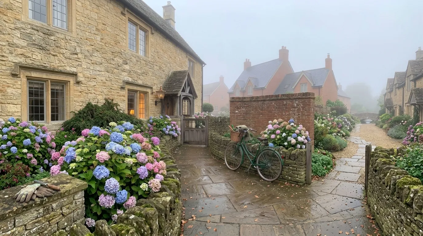 Traditional English stone cottage with blooming pink and blue hydrangeas and a vintage bicycle on a misty morning.