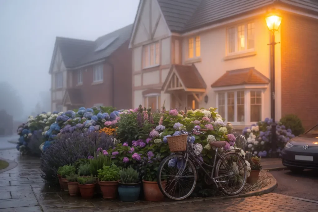 A vintage-style bicycle with a wicker basket parked by a lush hydrangea border, illuminated by the warm golden glow of a classic black post lamp on a misty morning.