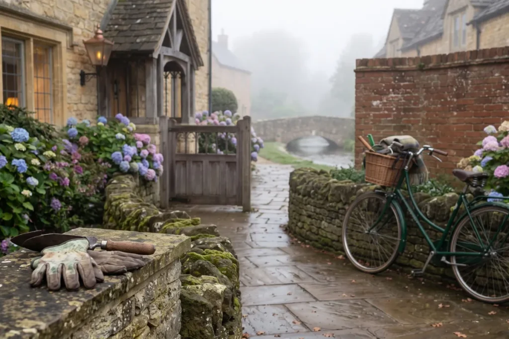 Gardening gloves and trowel on a mossy stone wall overlooking a misty English village path, vintage bicycle, and stone bridge.