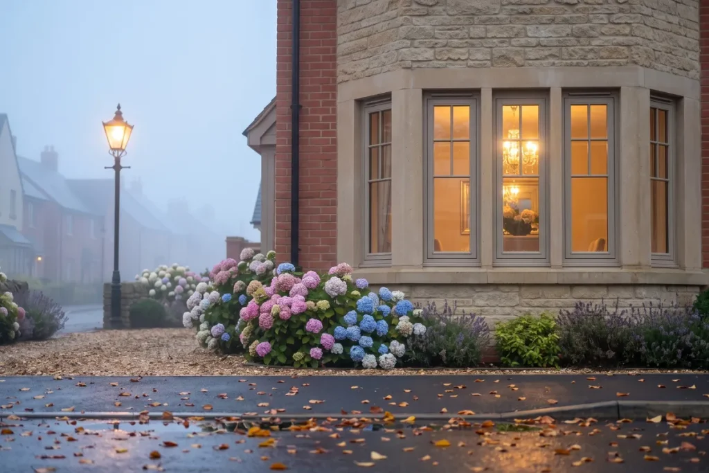 Cozy exterior view of a brick house featuring a large stone bay window, vibrant hydrangea garden, wet asphalt with autumn leaves, and a streetlamp in thick fog.