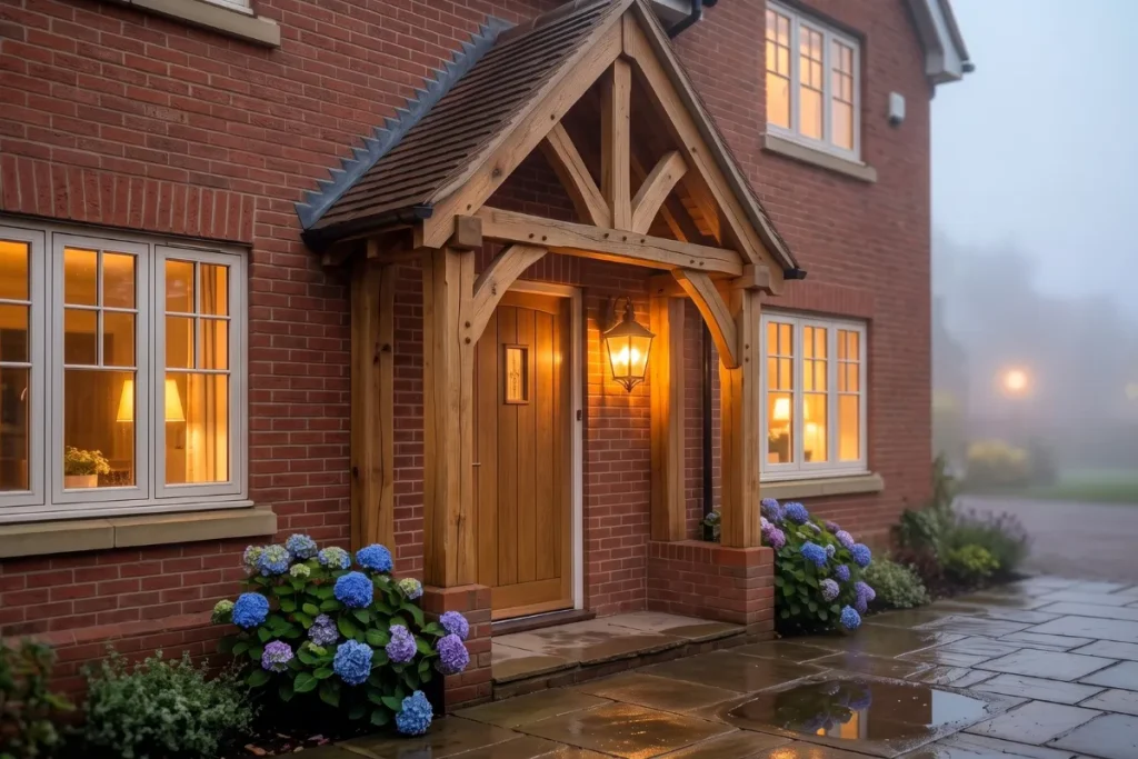 Gabled timber porch with glowing entrance lantern.
