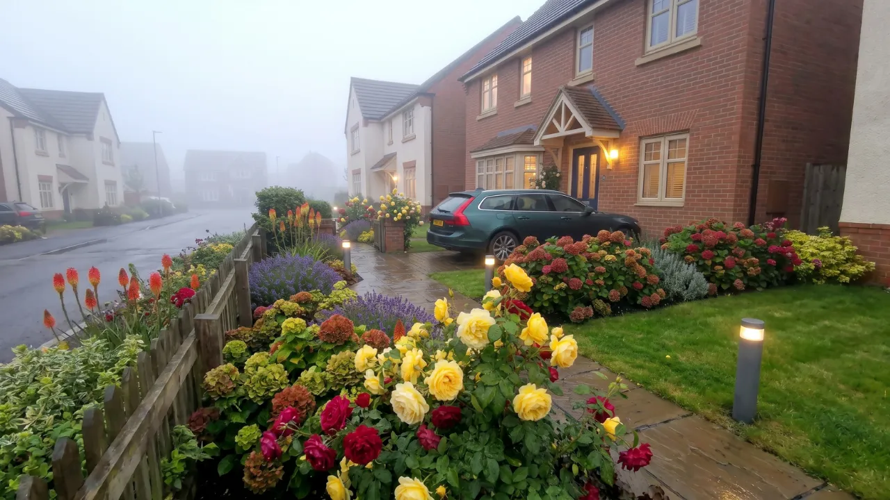 Front garden of a red brick house on a misty morning, featuring a stone pathway lined with lush flower beds of yellow and red roses, purple lavender, hydrangeas, and red hot pokers. A modern bollard light illuminates the green lawn with a dark car parked in the background.