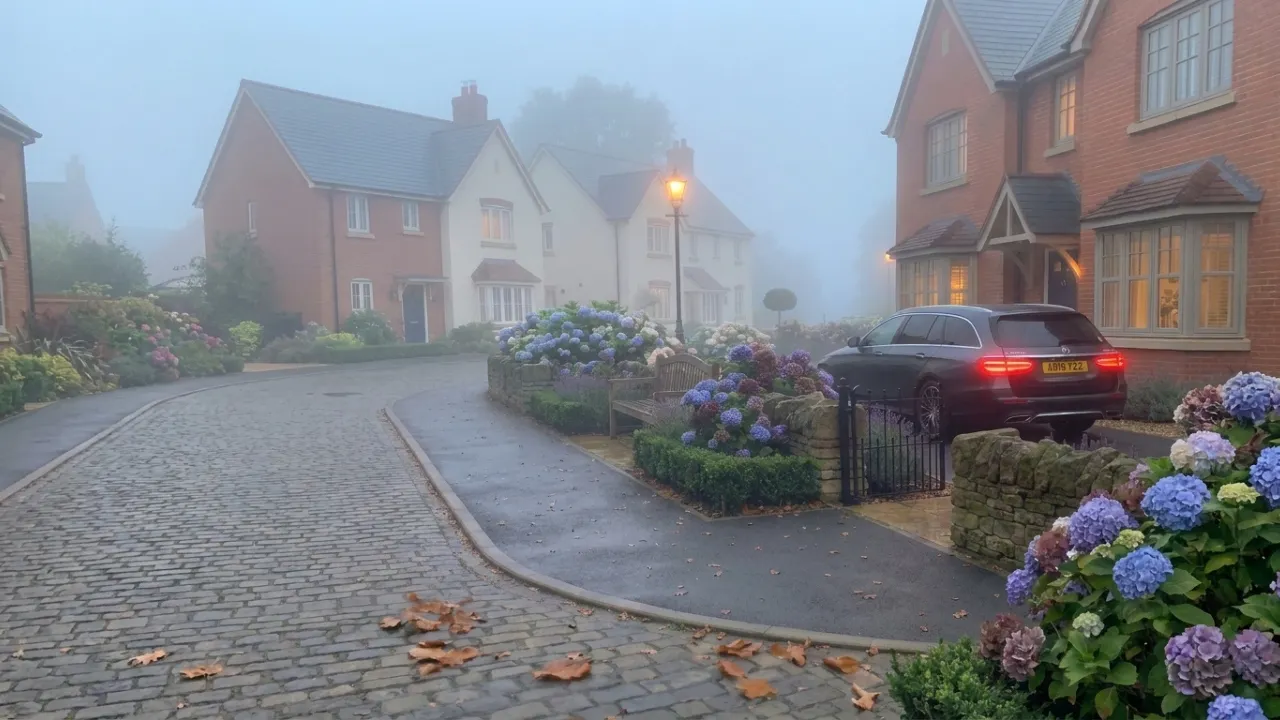 A foggy morning in a charming English village with brick houses, a cobblestone street, blooming blue hydrangea bushes, and a dark station wagon parked in a driveway.