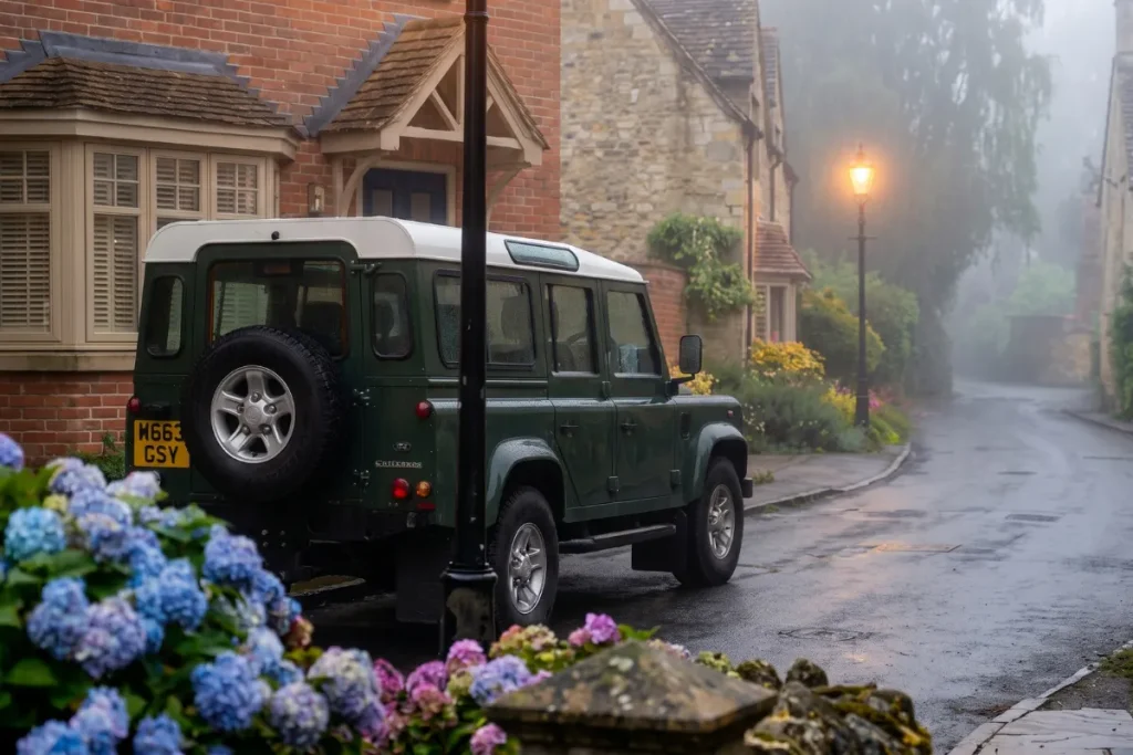 A classic dark green 4x4 vehicle with a white roof parked along a damp English village street. In the foreground, blue and pink mophead hydrangeas spill over a low stone wall. A traditional glowing street lantern illuminates the misty, winding lane in the background.