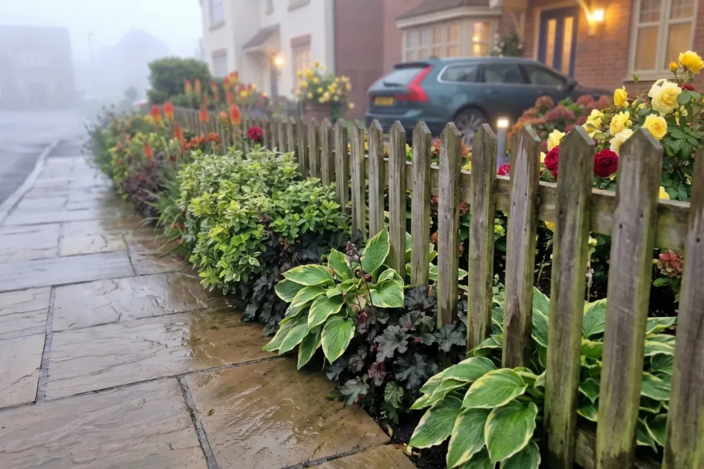 A low natural timber picket fence separating a wet flagstone pavement from a front garden, with variegated hostas and low-growing perennial foliage spilling naturally outward through the open pickets on a misty morning.