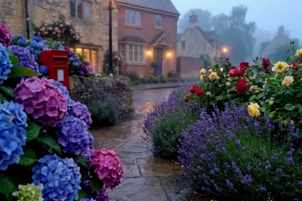 Lush garden border with blue hydrangeas, purple lavender mounds, and yellow and red roses along a stone village walkway.