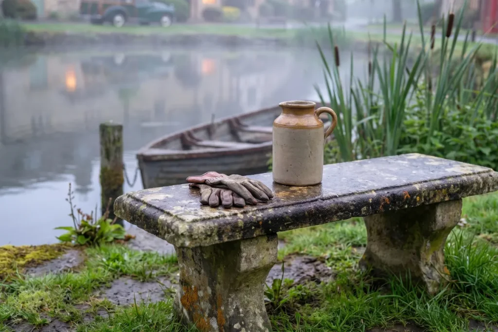 Close-up of an old stone bench with garden gloves and a ceramic jug, with a blurred wooden boat and misty pond in the background.