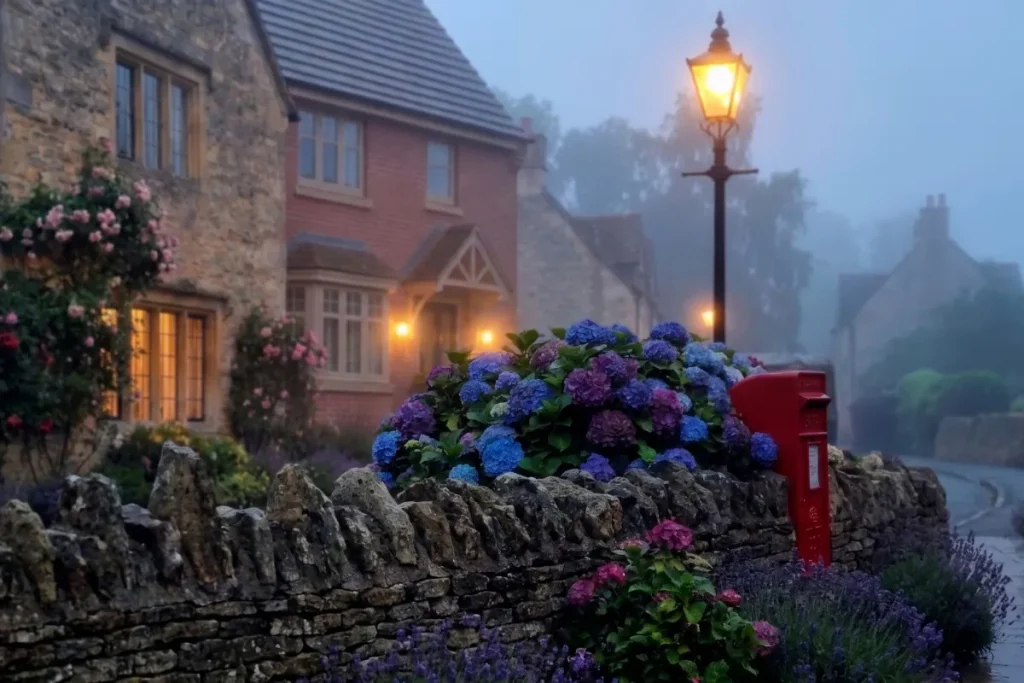 Glowing exterior post lantern and blue hydrangeas framing a stone cottage front garden at twilight.