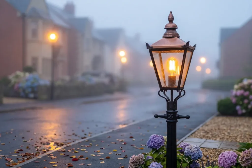 Close-up of a vintage black streetlamp with a warm glowing light on a foggy residential street with purple hydrangeas and scattered autumn leaves.
