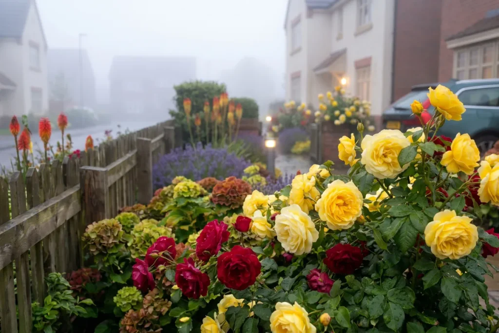 Close-up of vibrant yellow and deep red crimson roses covered in morning dew, with architectural red hot pokers, purple lavender, and hydrangeas growing along a wooden picket fence on a misty morning.