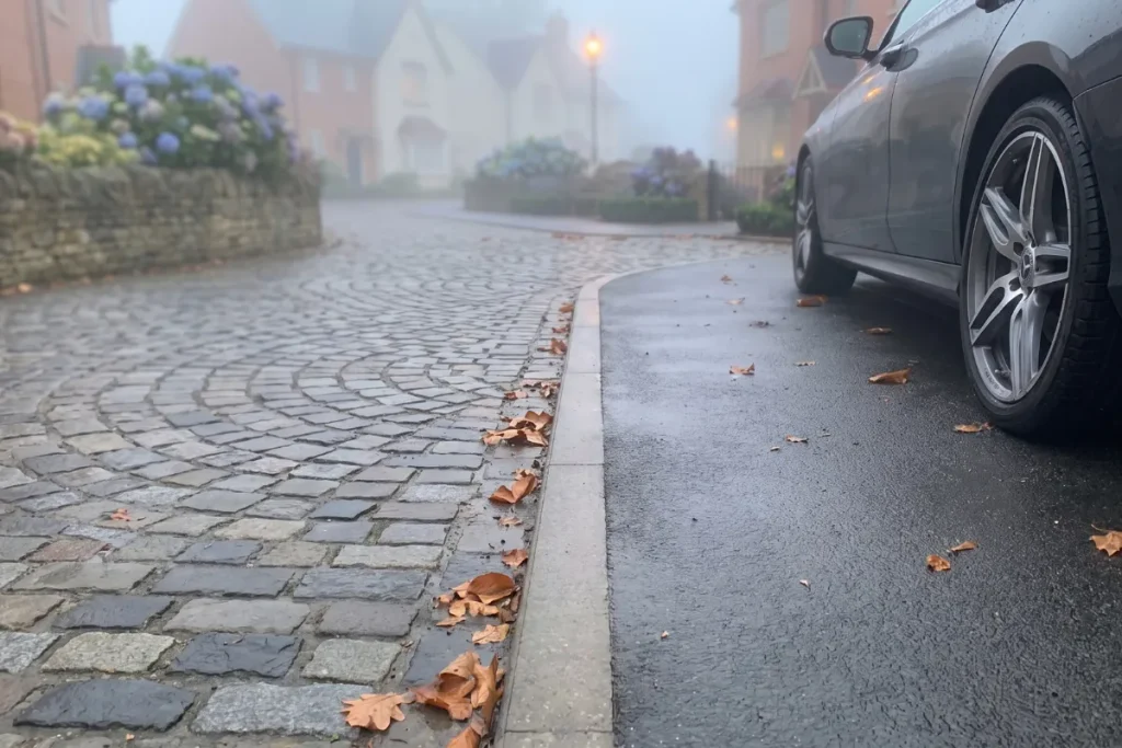 Close-up of a cobblestone street and sidewalk curb with scattered autumn leaves, with a modern gray car parked on the right and a foggy village background.