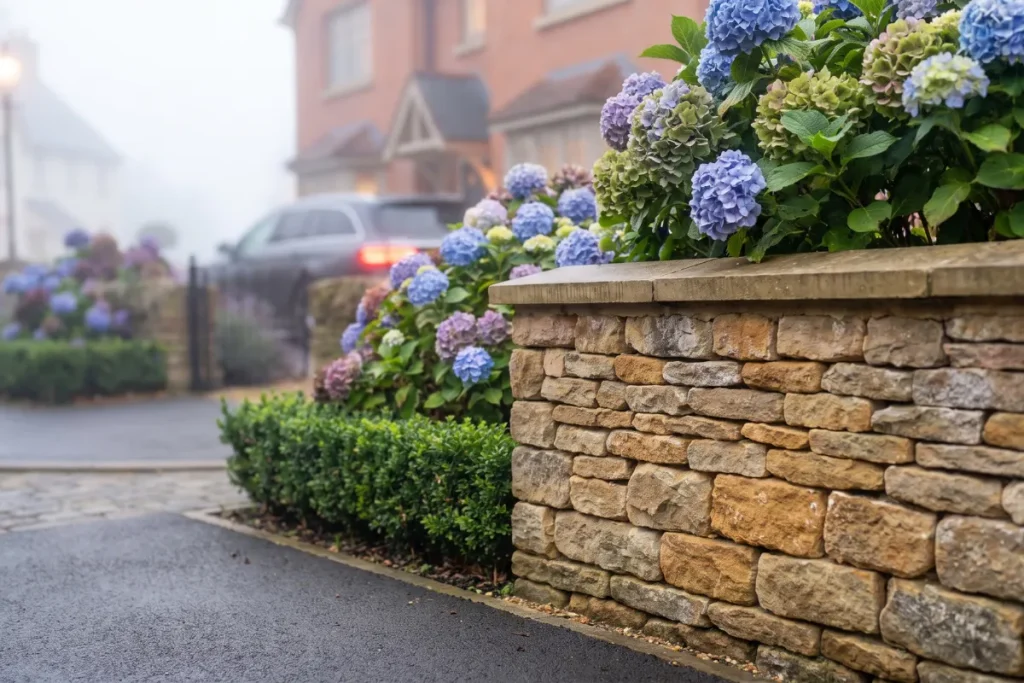 Close-up of vibrant blue and purple hydrangea bushes blooming behind a rustic stone wall, with a foggy English village street and car blurred in the background.