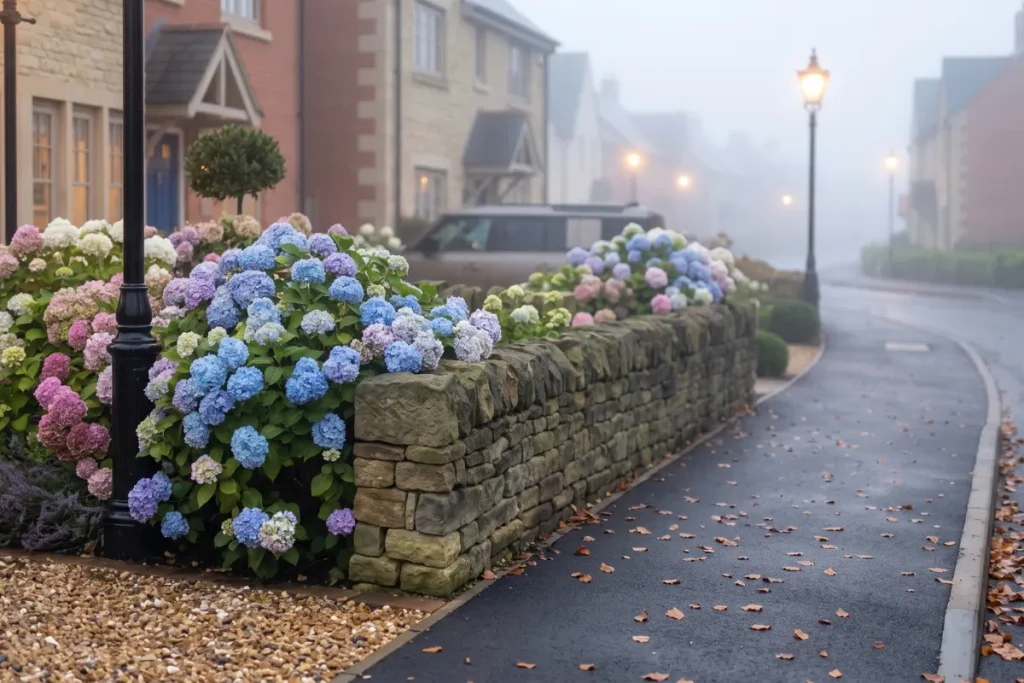 Curved asphalt road in a British-style neighborhood during a foggy morning, featuring a stone wall, lush hydrangea gardens, and warm street lighting.