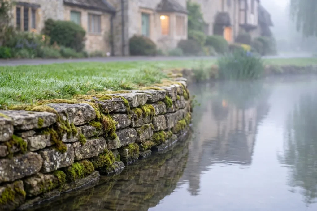 Close-up of a mossy stone wall bordering a misty pond, with historic English cottages blurred in the background.