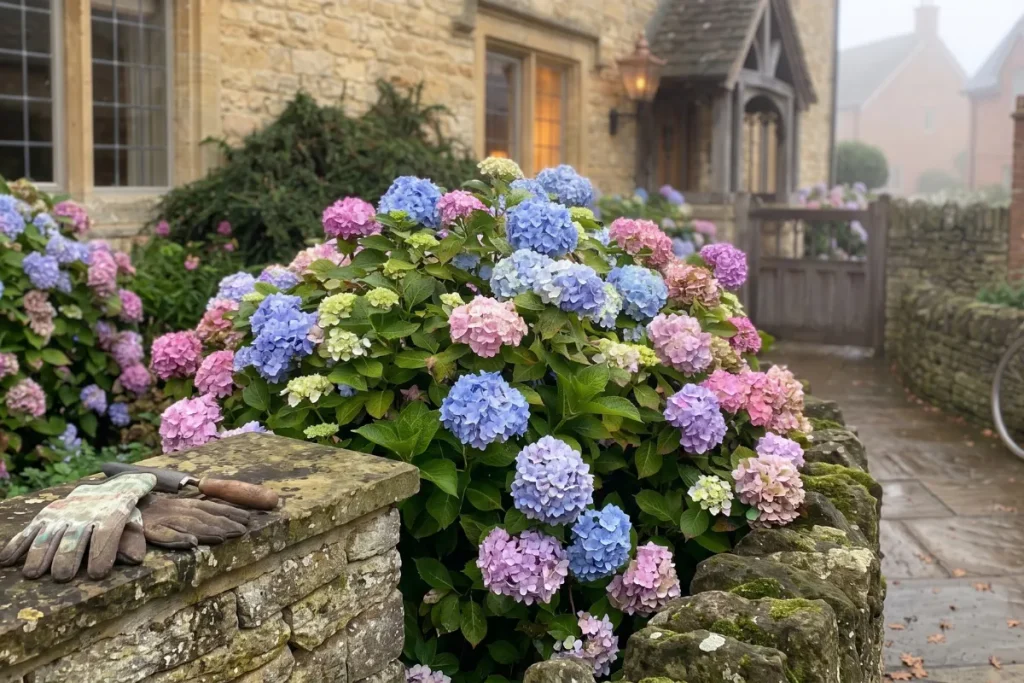 A large bush of blooming hydrangeas in shades of pink, blue, and purple in front of a traditional stone Cotswold cottage on a misty morning.