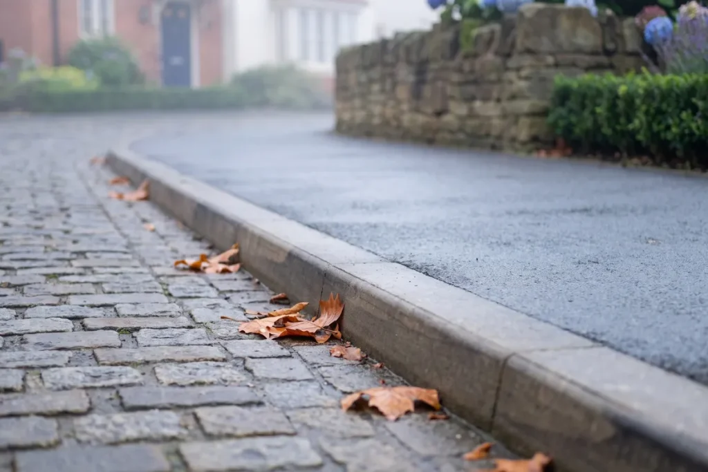 Close-up of dry autumn leaves scattered along a concrete curb separating a cobblestone street from a wet asphalt sidewalk on a foggy day.