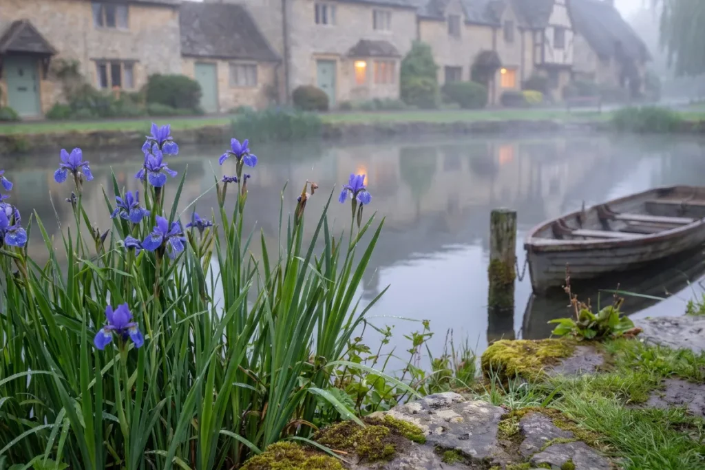 Vibrant purple irises blooming in the foreground of a misty pond with a wooden rowboat and blurred historic stone cottages in the background.