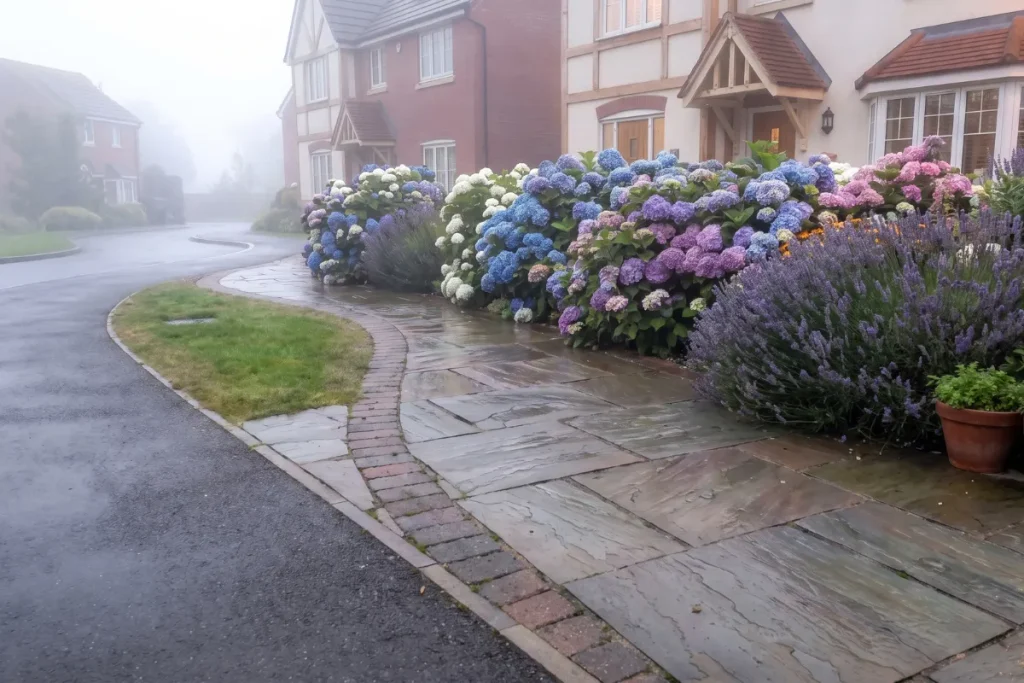 An S-curved front garden pathway made of wide, wet natural stone flags and precision-cut brick edging, lined with large blooming blue and purple hydrangeas and a lavender bush on a foggy morning.
