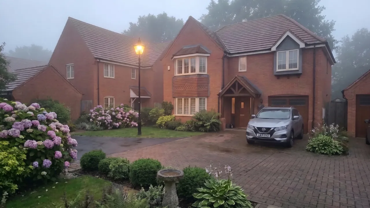 English architecture red brick home enveloped in morning mist, showcasing a traditional lit lamppost, a gabled timber porch, and lush purple hydrangea bushes in the front garden.
