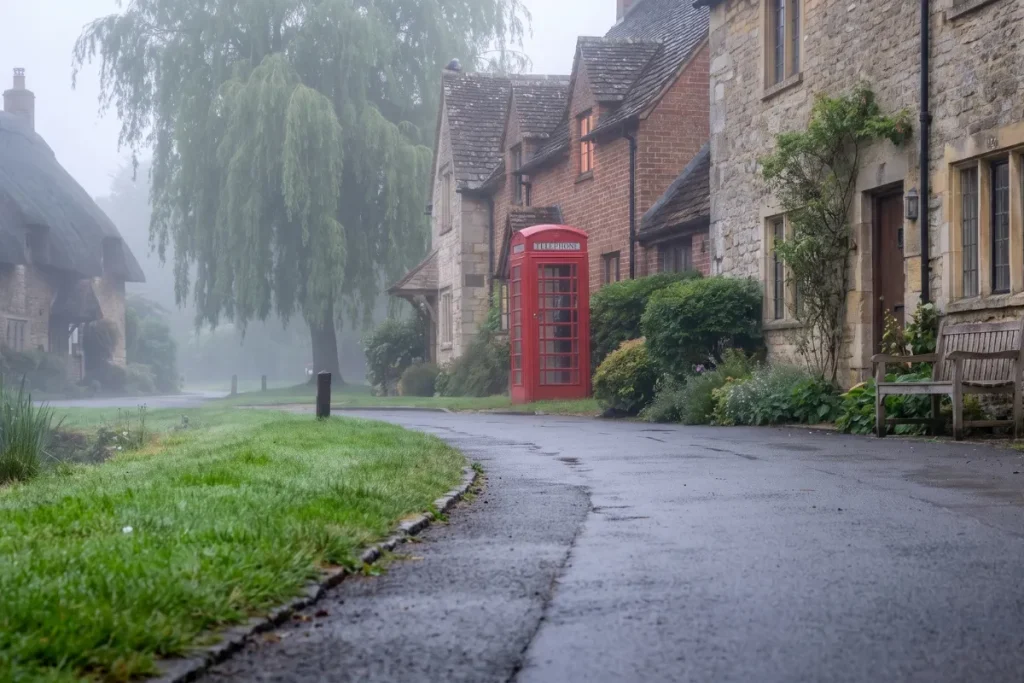 A wet asphalt road curves past a traditional red telephone box and stone cottages on a misty morning in an English village.