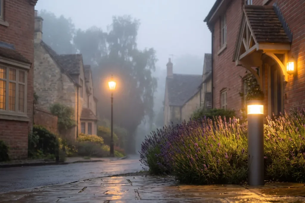 A misty English village lane illuminated by layered outdoor lighting at dawn. In the foreground, a modern cylindrical bollard light casts a warm glow over a lavender bed and damp stone pavers. In the foggy background, a traditional lantern-style street post stands tall, lighting the quiet, curving road.