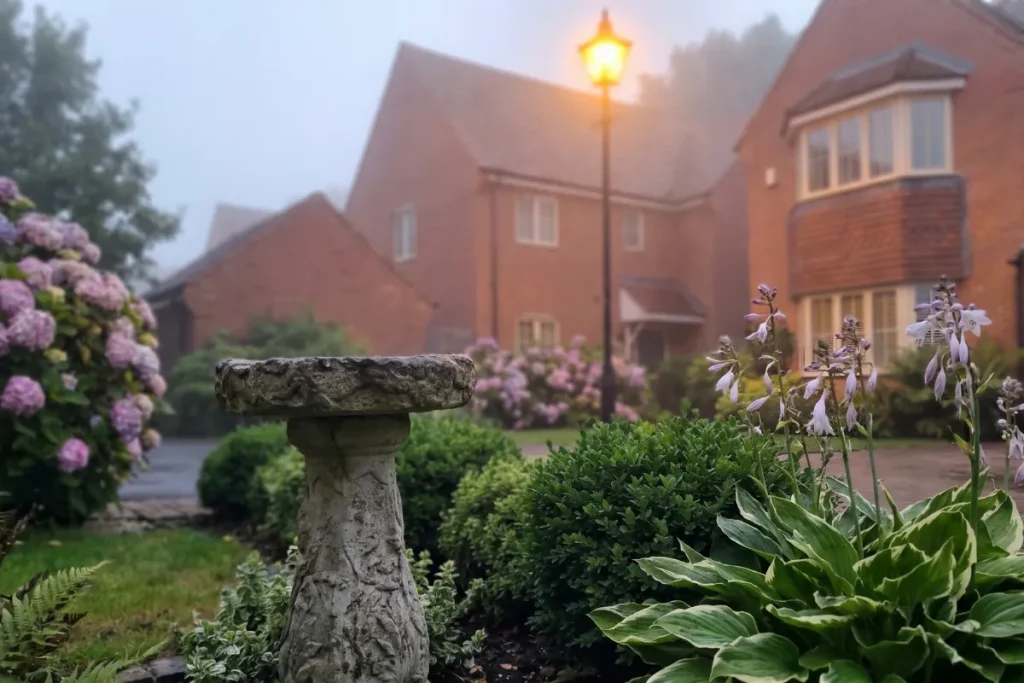 A weathered stone birdbath and low hostas with purple flowers in a front garden border, with a lit black lamppost in the misty background.