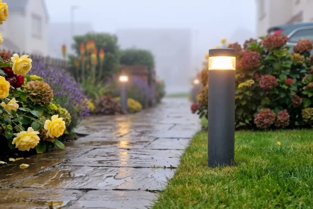 A modern charcoal cylindrical bollard light casting a warm glow across a wet flagstone walkway and green lawn, with colorful hydrangeas and yellow roses visible in the soft morning mist.