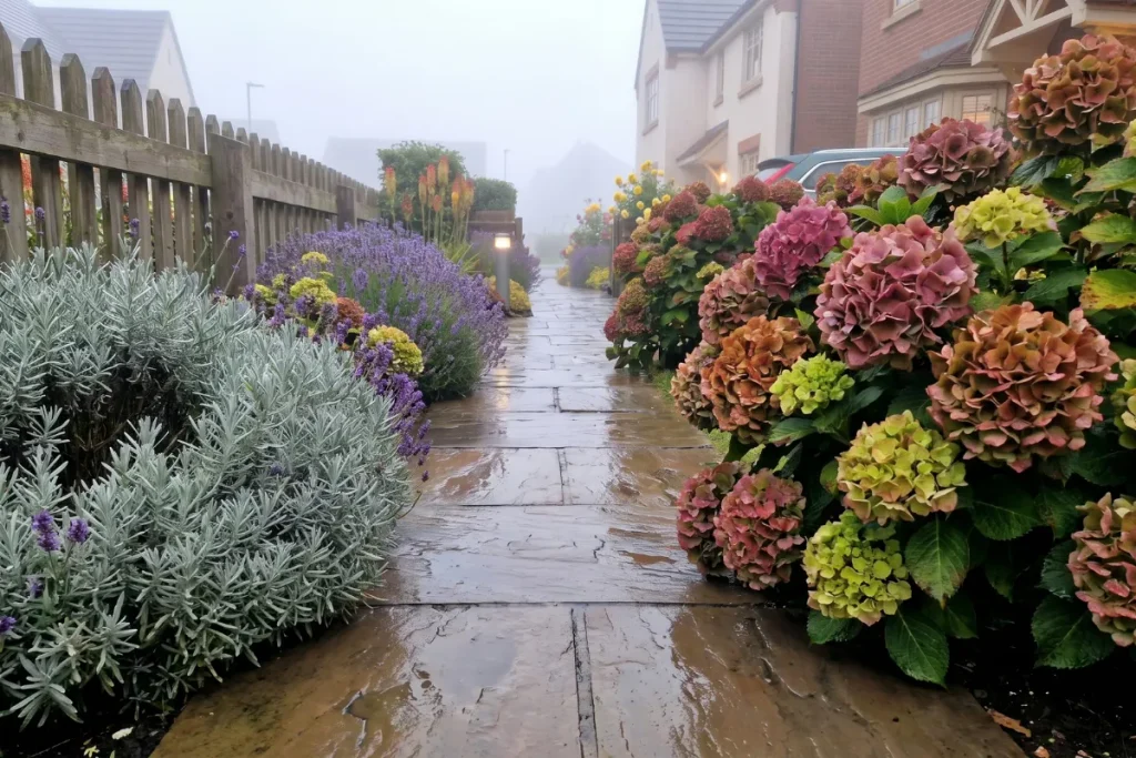 A wet natural flagstone pathway glistening in the morning mist, framed by large, multi-colored mophead hydrangeas on the right and rounded cushions of purple lavender along a wooden picket fence on the left.