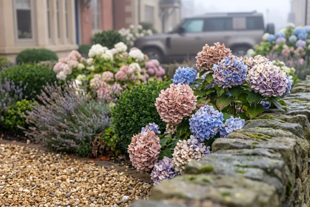 Close-up of a stone garden wall with pink, blue, and purple hydrangeas and lavender plants, with a blurred house and SUV in the background.