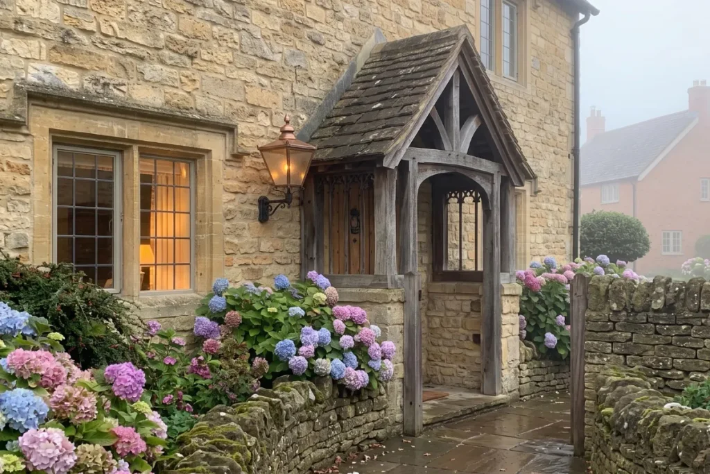 Traditional English stone cottage entrance with blooming pink and blue hydrangeas and a rustic timber porch on a misty day.