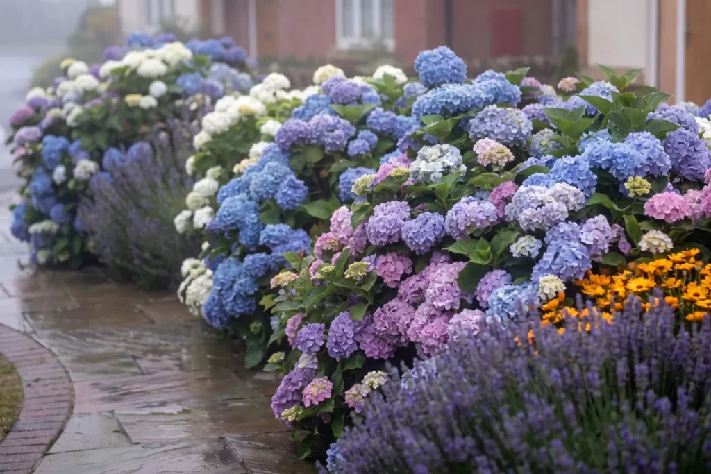 A close-up view of abundant mophead hydrangeas in shades of periwinkle blue, soft pink, and white blooming along a wet natural stone garden path, interspersed with purple lavender and orange flowers.