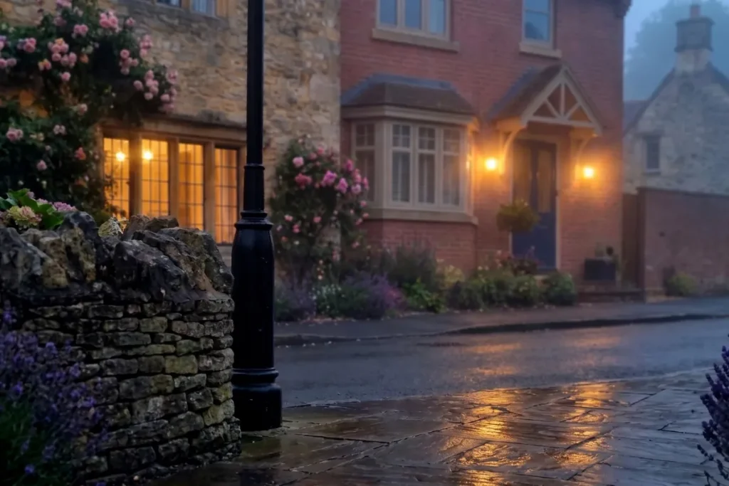 Warm exterior entryway lighting glowing across wet stone pavement and a cottage facade at dusk.