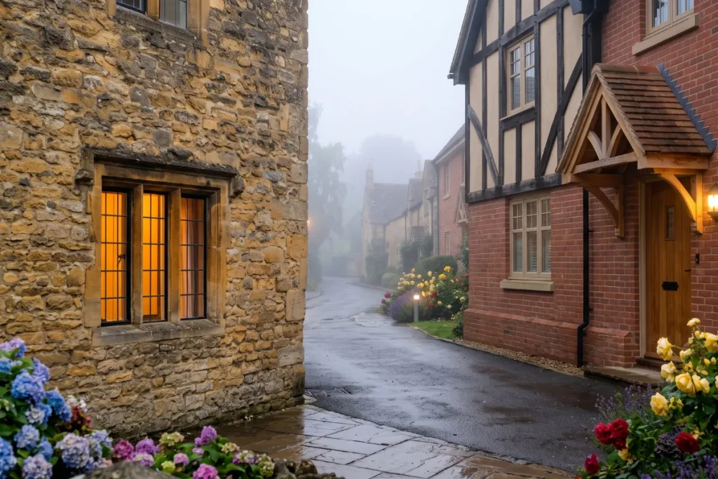 A close-up view of a narrow English village lane on a misty morning. On the left, a textured Cotswold stone house features a window glowing with warm interior light. On the right, a red brick home stands with a timber-framed gable, a gabled porch canopy over the wooden door, and colorful garden flowers in the foreground.