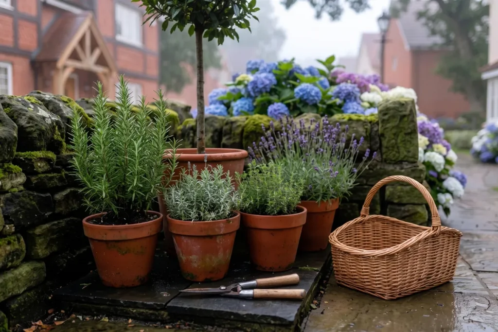 Terracotta herb pots on garden stone wall.