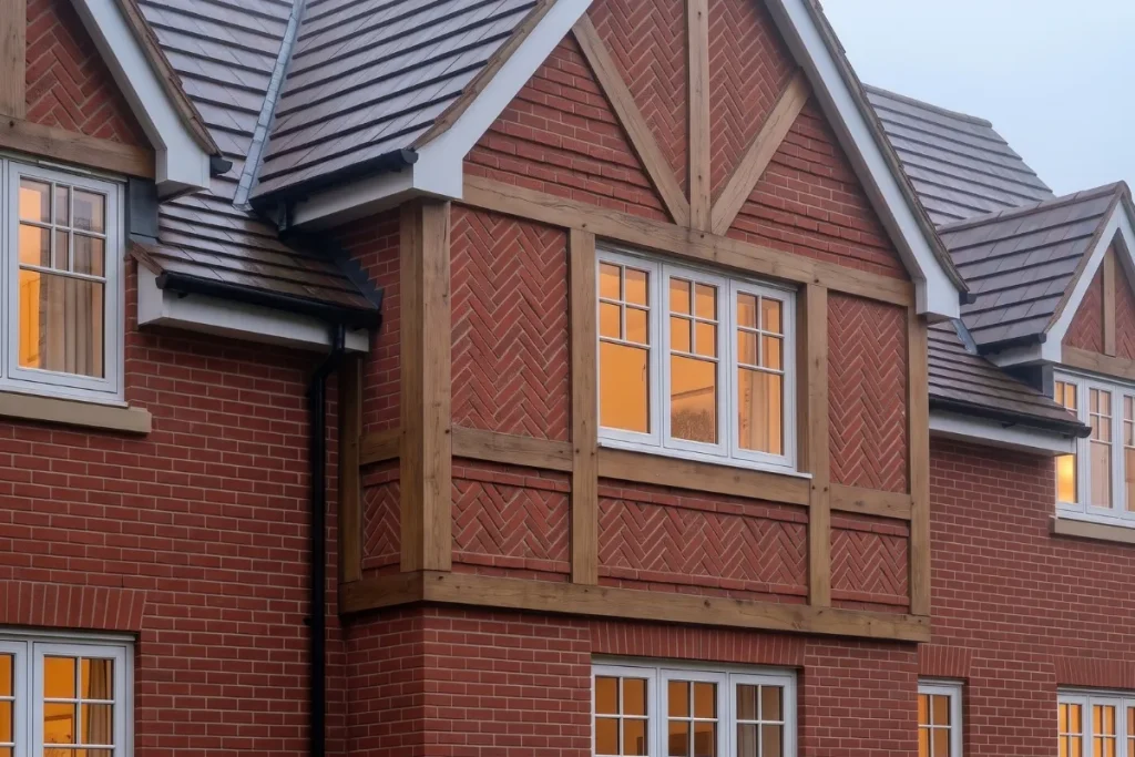 Red brick and cream rendered house facades.