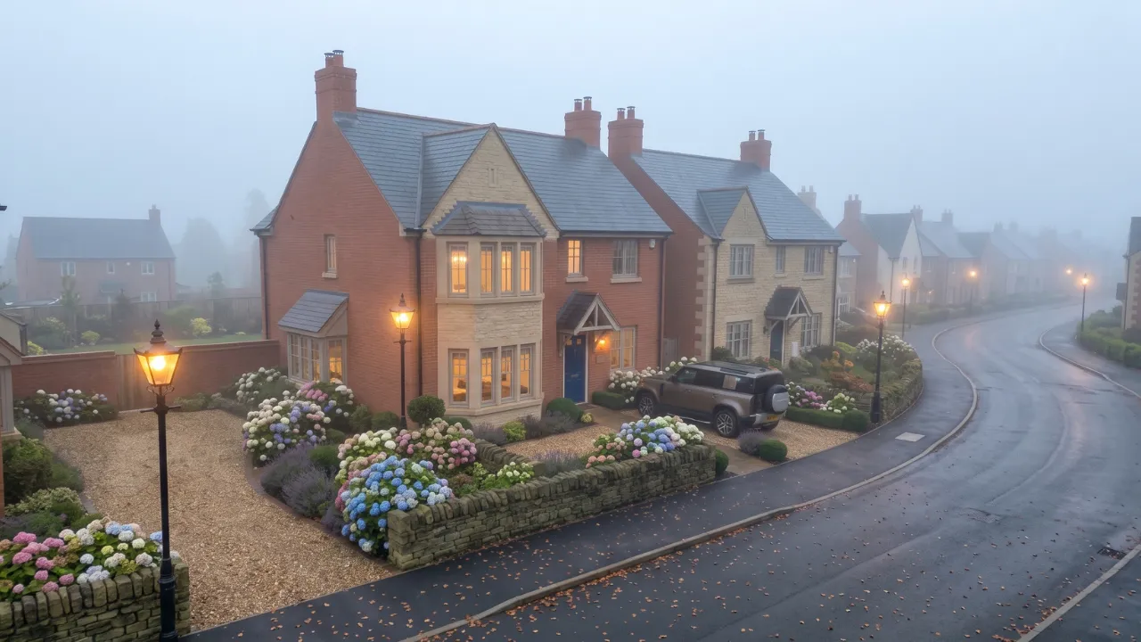 A red brick house on a foggy street with lit streetlamps, hydrangea gardens, and a grey SUV parked on the gravel driveway.